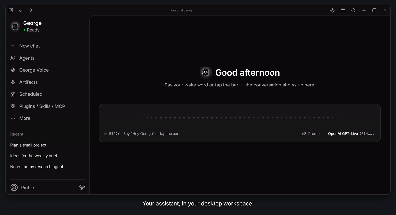 Illustrative desktop conversation: the app window and sidebar stay visible as Hey George activates listening, followed by a project-planning exchange