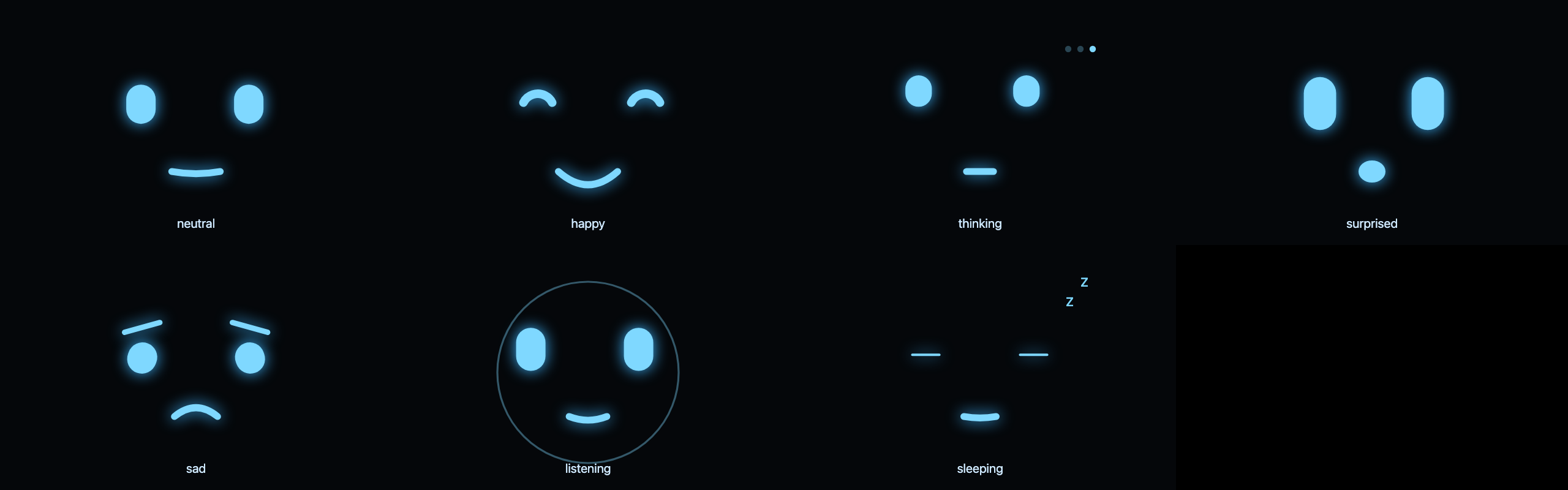 The seven expressions: neutral, happy, thinking, surprised, sad, listening, sleeping