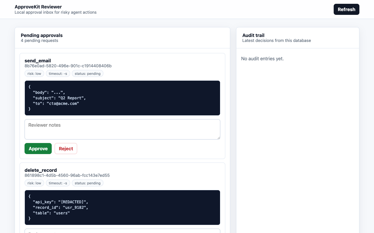 Web reviewer UI showing two pending approval requests with approve and reject buttons
