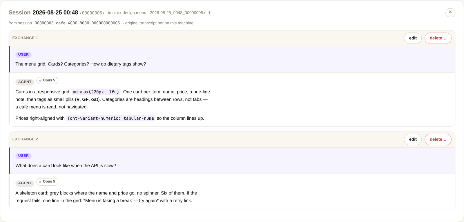 A saved session, purified, with edit and delete on each exchange