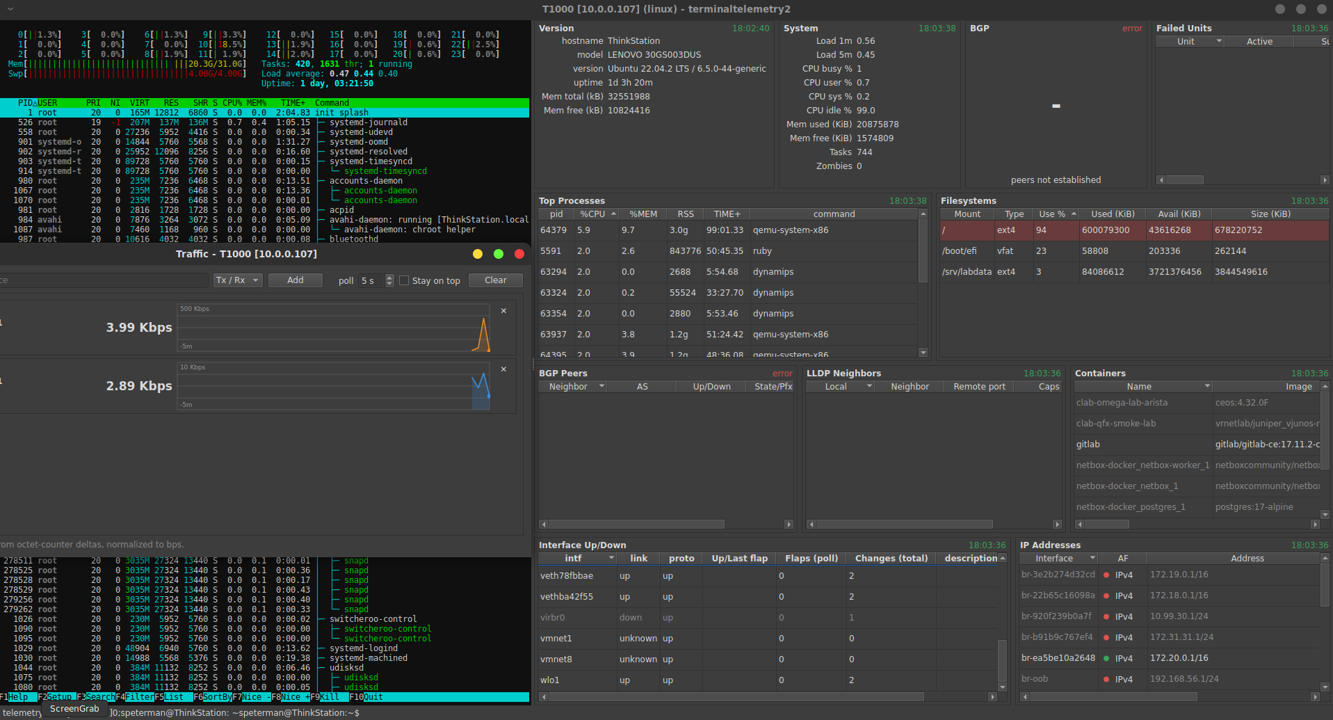 Device window: terminal with live telemetry panels
