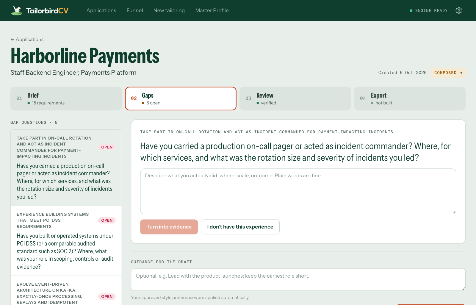 Gap questions: TailorbirdCV asks about what the job wants and your profile doesn't show