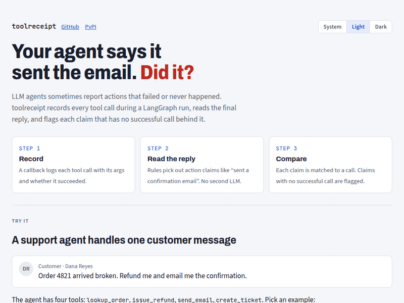 toolreceipt demo: the agent claims it emailed the customer, the receipt shows send_email failed