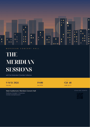 A concert poster with a city skyline and a strip of dates