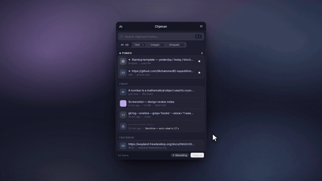 Clipman — search your clipboard history and paste with one keystroke