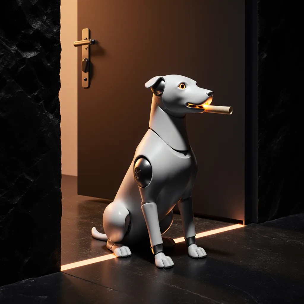 A white ceramic robot dog sits at an open, lit door, a scroll in its mouth, its paws stopped at a glowing amber line on the threshold