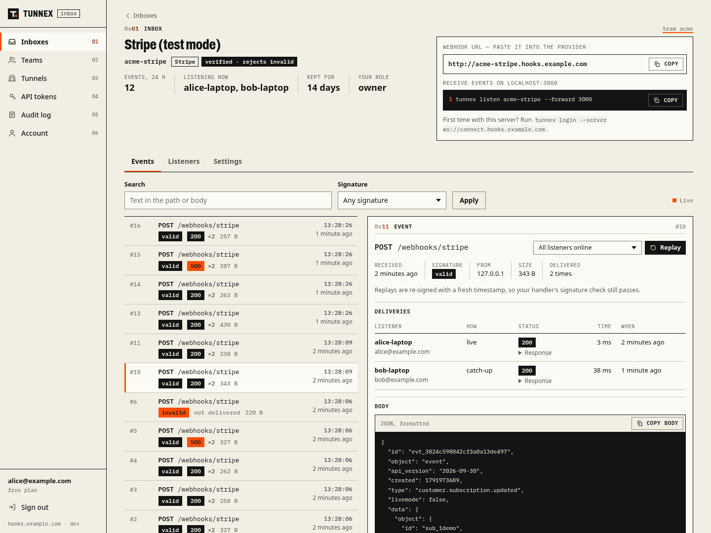 An inbox in the console: events with signature status and per-listener deliveries