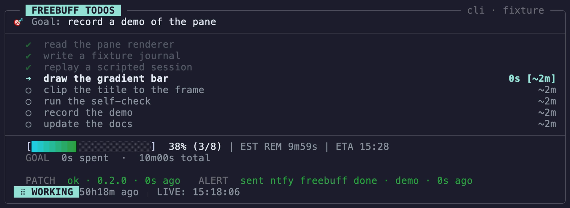 fbtodo's pane working through a scripted session