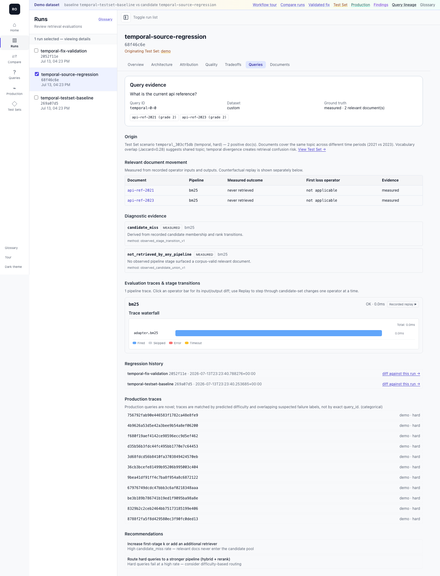 Query debugger showing measured relevant-document movement