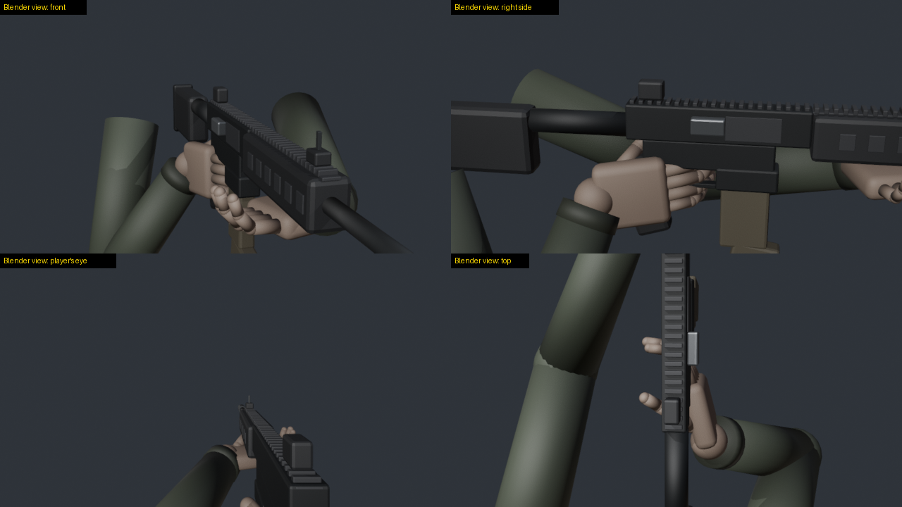 The built-in sample rig: four Blender views of first-person arms holding a rifle