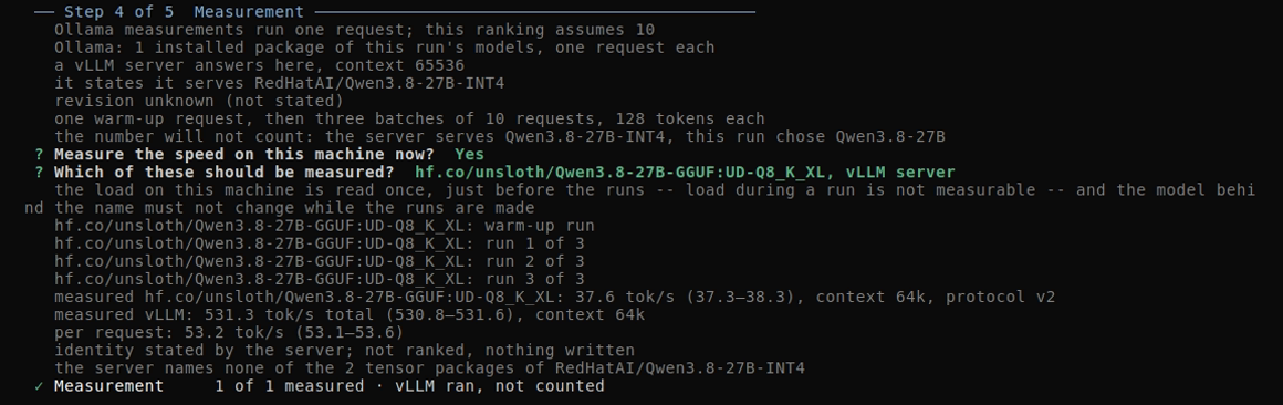 Step 4: the Ollama package measured in three runs at 37.6 tok/s, the vLLM server at 531.3 tok/s total, and why the vLLM number does not count