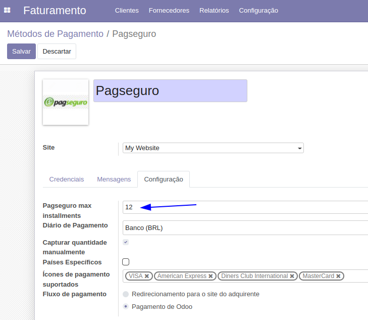Pagseguro max installments configuration