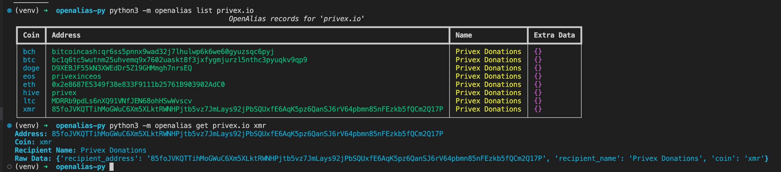 Screenshot of OpenAlias.py commands
