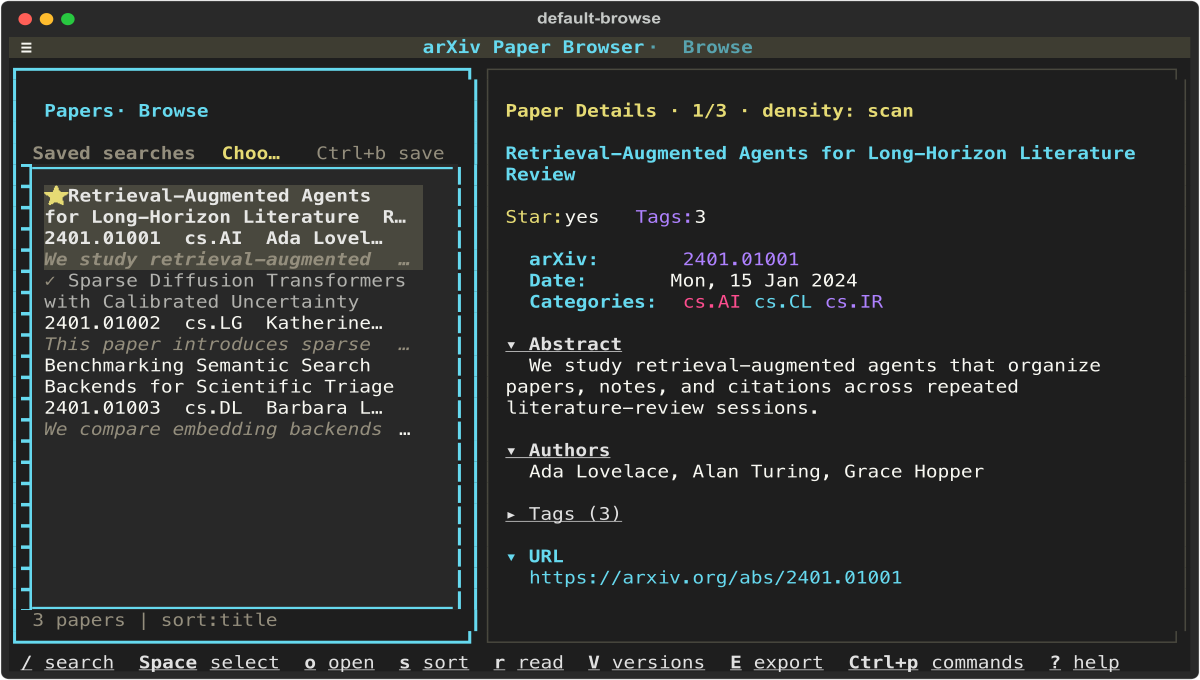 arXiv Subscription Viewer showing a paper list beside the selected abstract, with search, selection, and export shortcuts