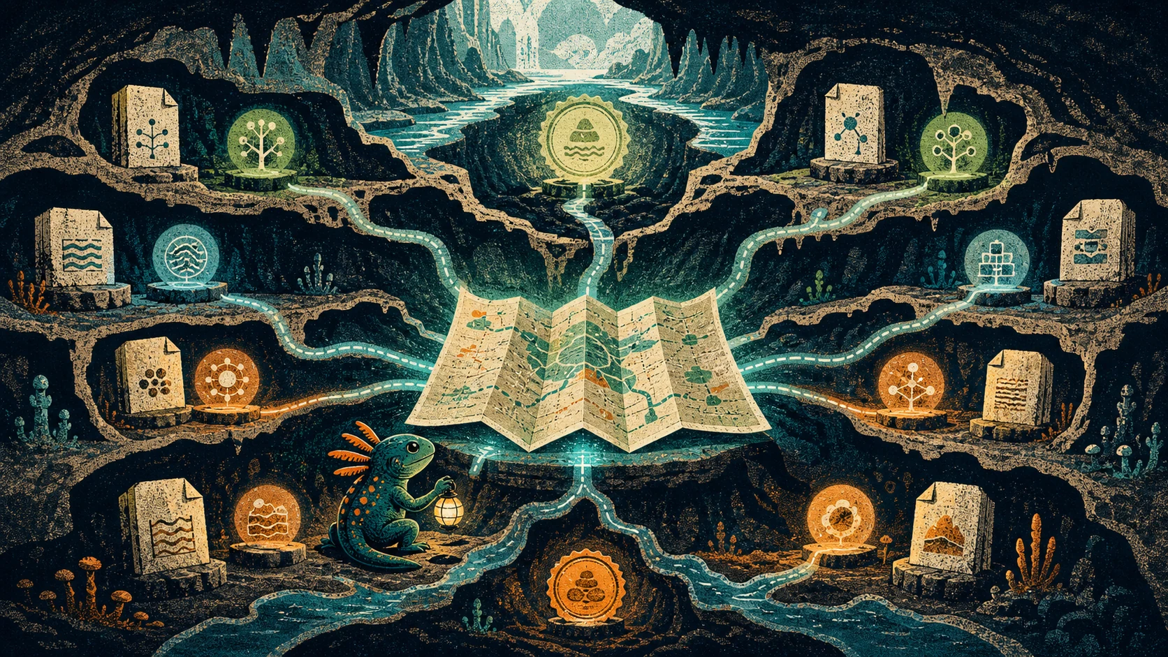 An illustrated cavern map connecting layered repository paths to one central field map.