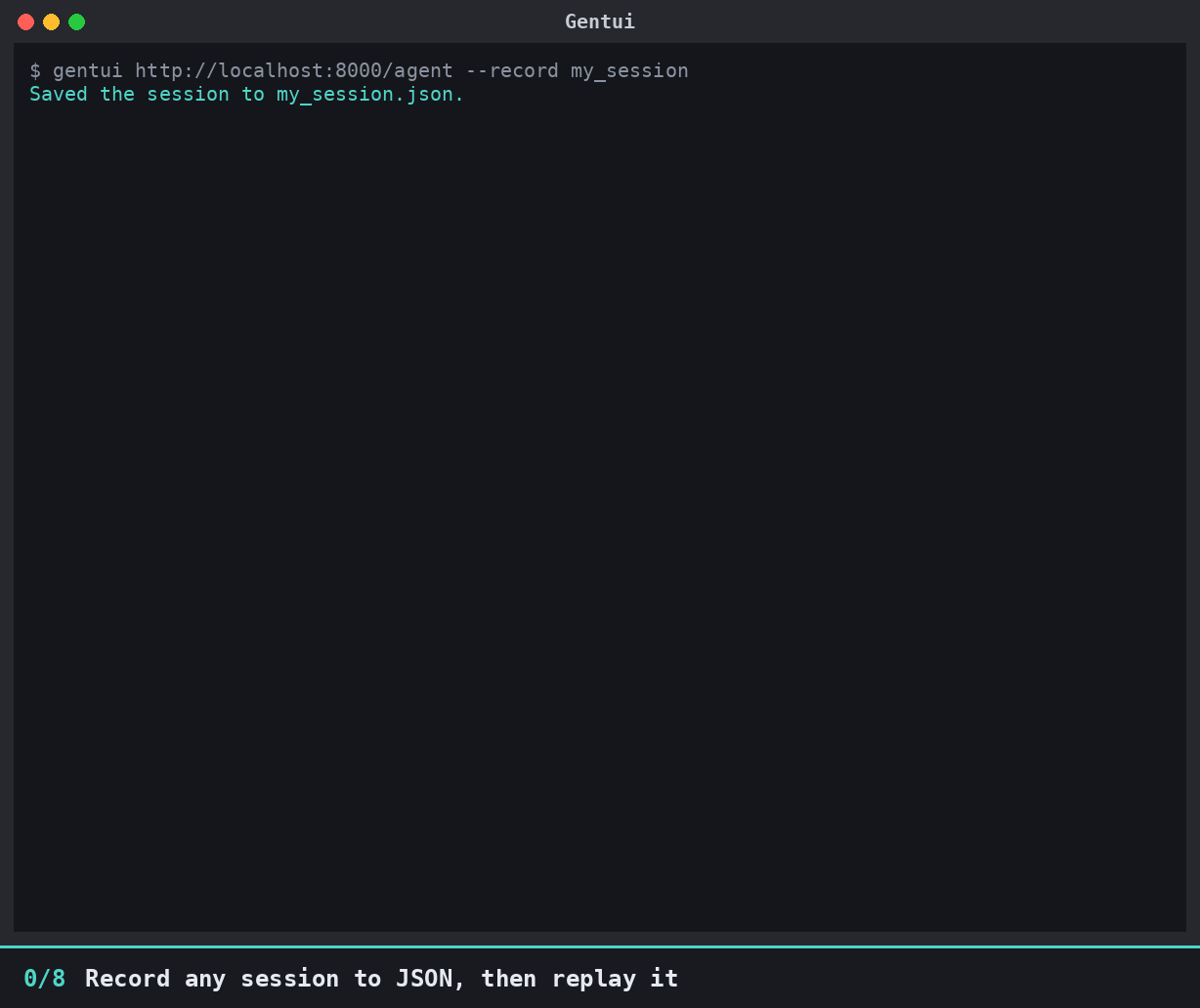 Gentui replay: play, pause, rewind with the seek bar, open the chain of thought, charts and approvals drawn as they were live