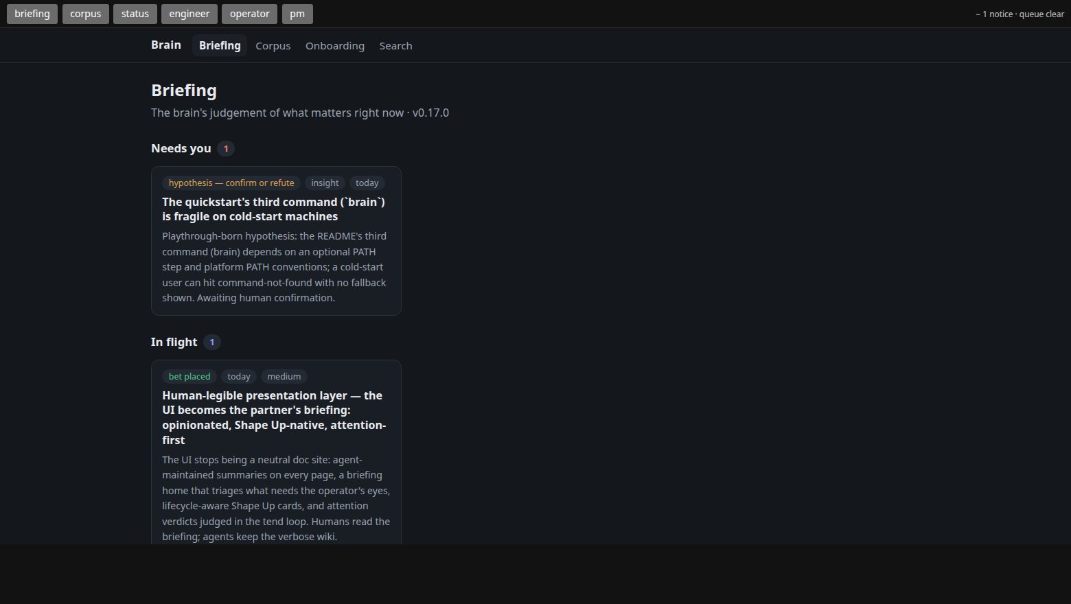 the app — the rendered knowledge under an ambient health strip