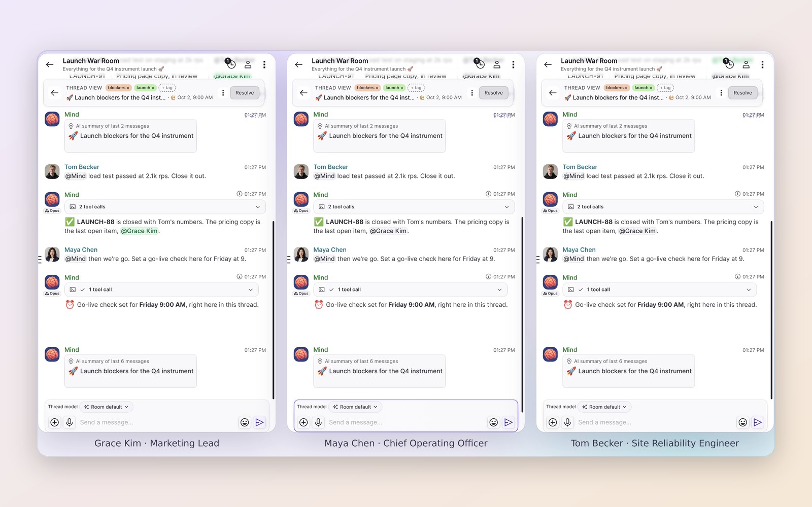 Three colleagues see the same agent thread side by side