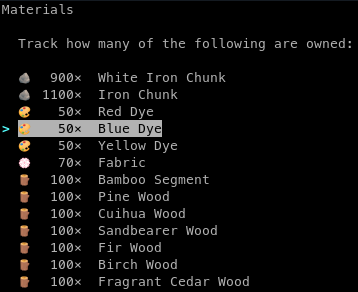 Manage materials menu