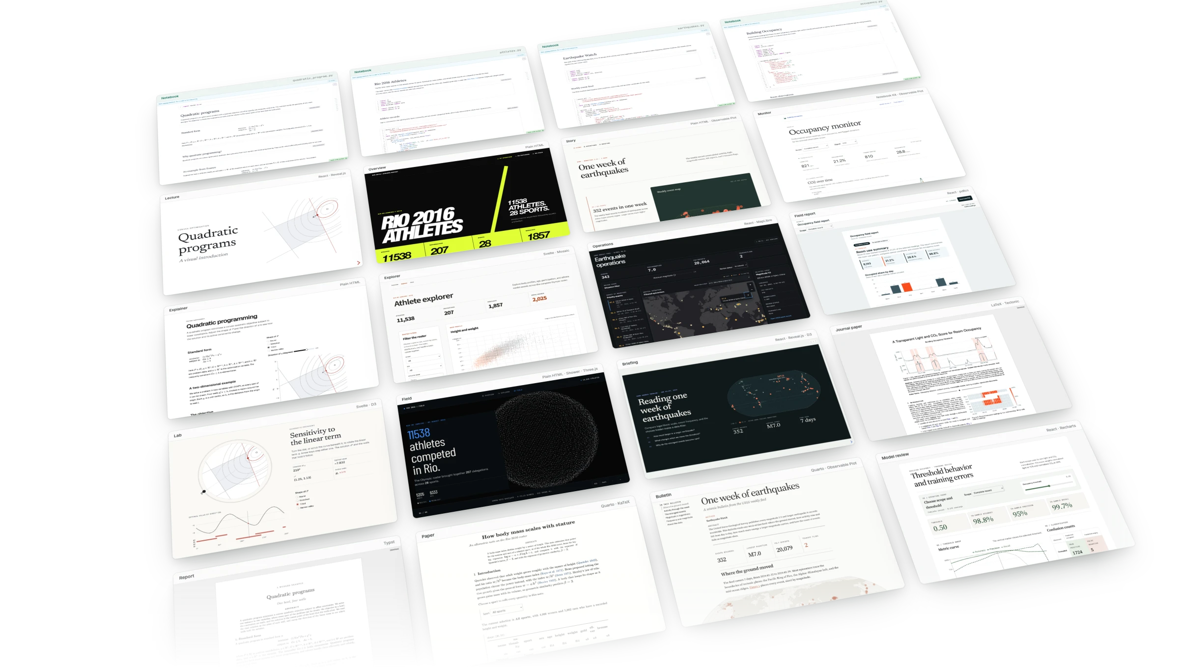 Four example notebooks, each heading a column of its views