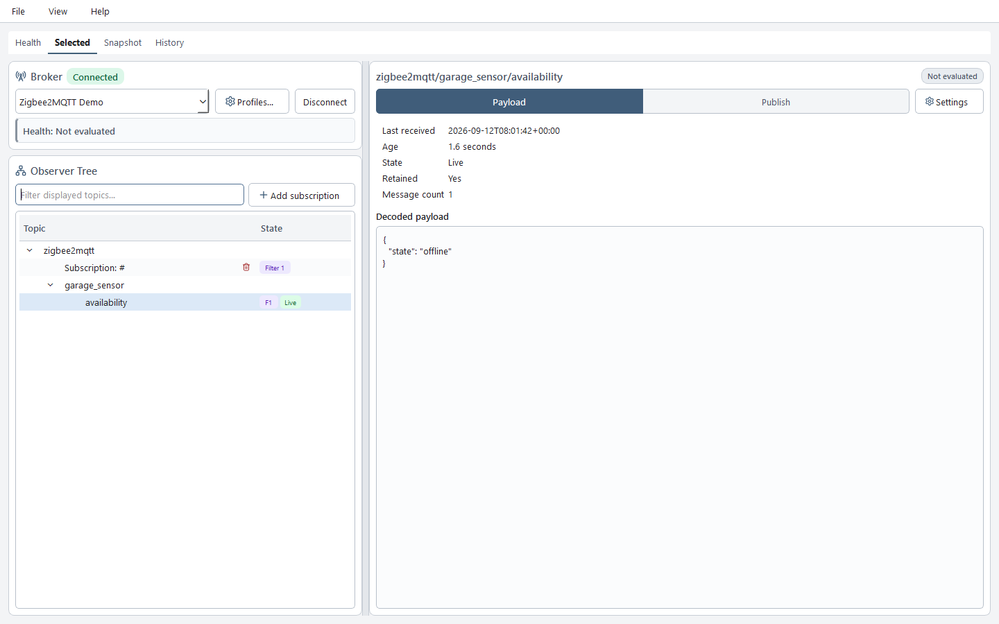 TopicGate Desktop showing a live retained Zigbee2MQTT availability topic whose JSON payload reports the device offline.