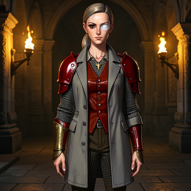 “wearing heavy red lacquered plate armour”