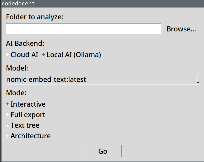 GUI launcher with folder picker, AI backend toggle, model dropdown, and mode selector