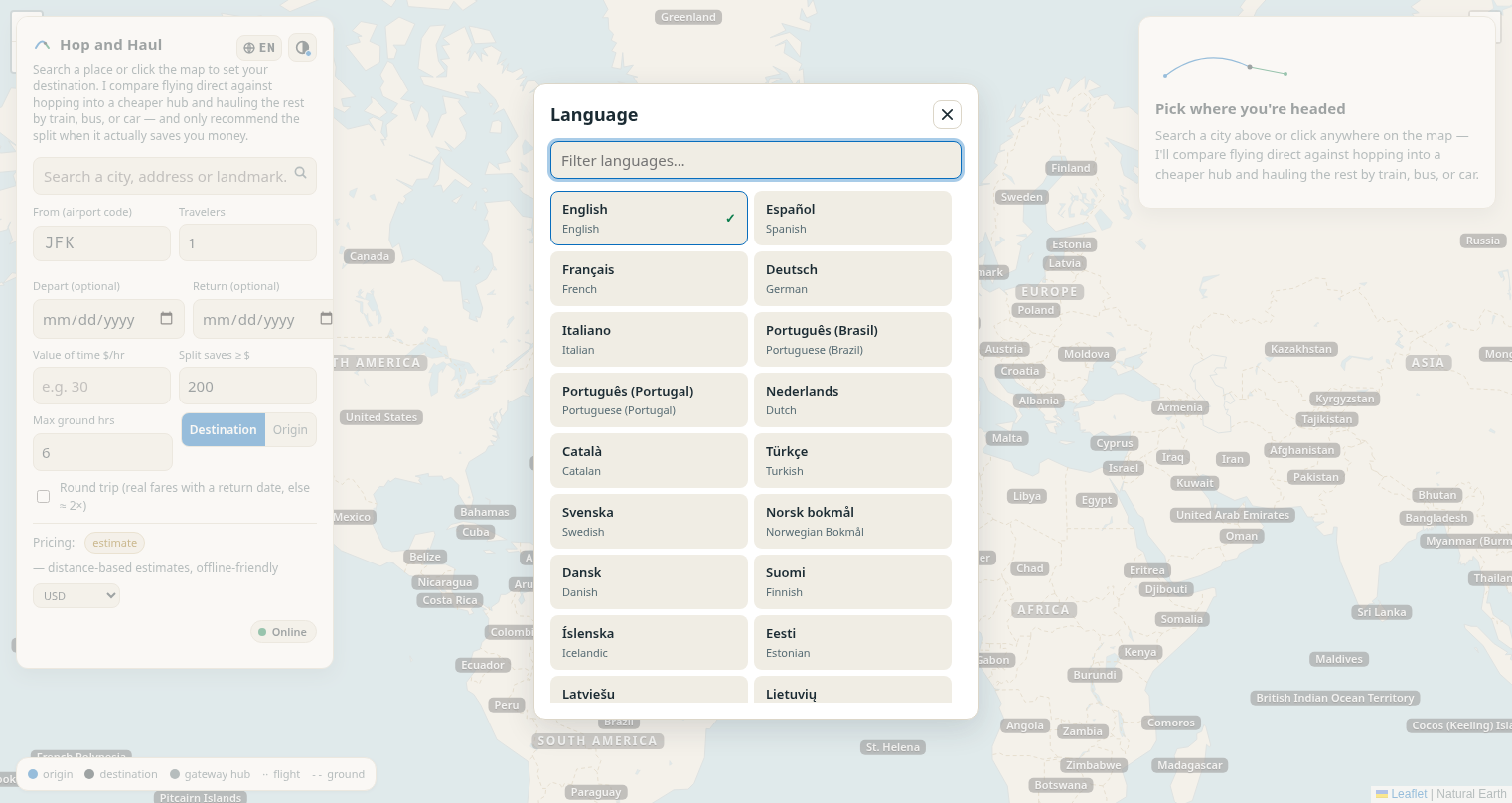 The language picker: filterable list of 46 languages with native names
