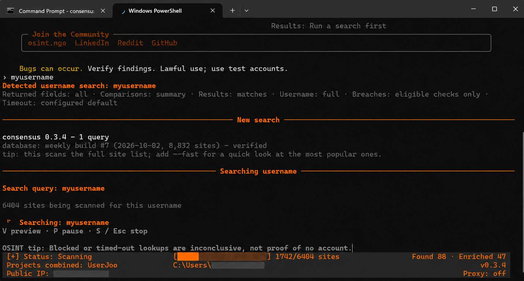 Consensus username search in progress, showing progress and result counts with personal details redacted