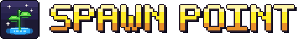 Spawn Point: a sprout growing out of a glowing spawn pad, and the name in gold pixel letters