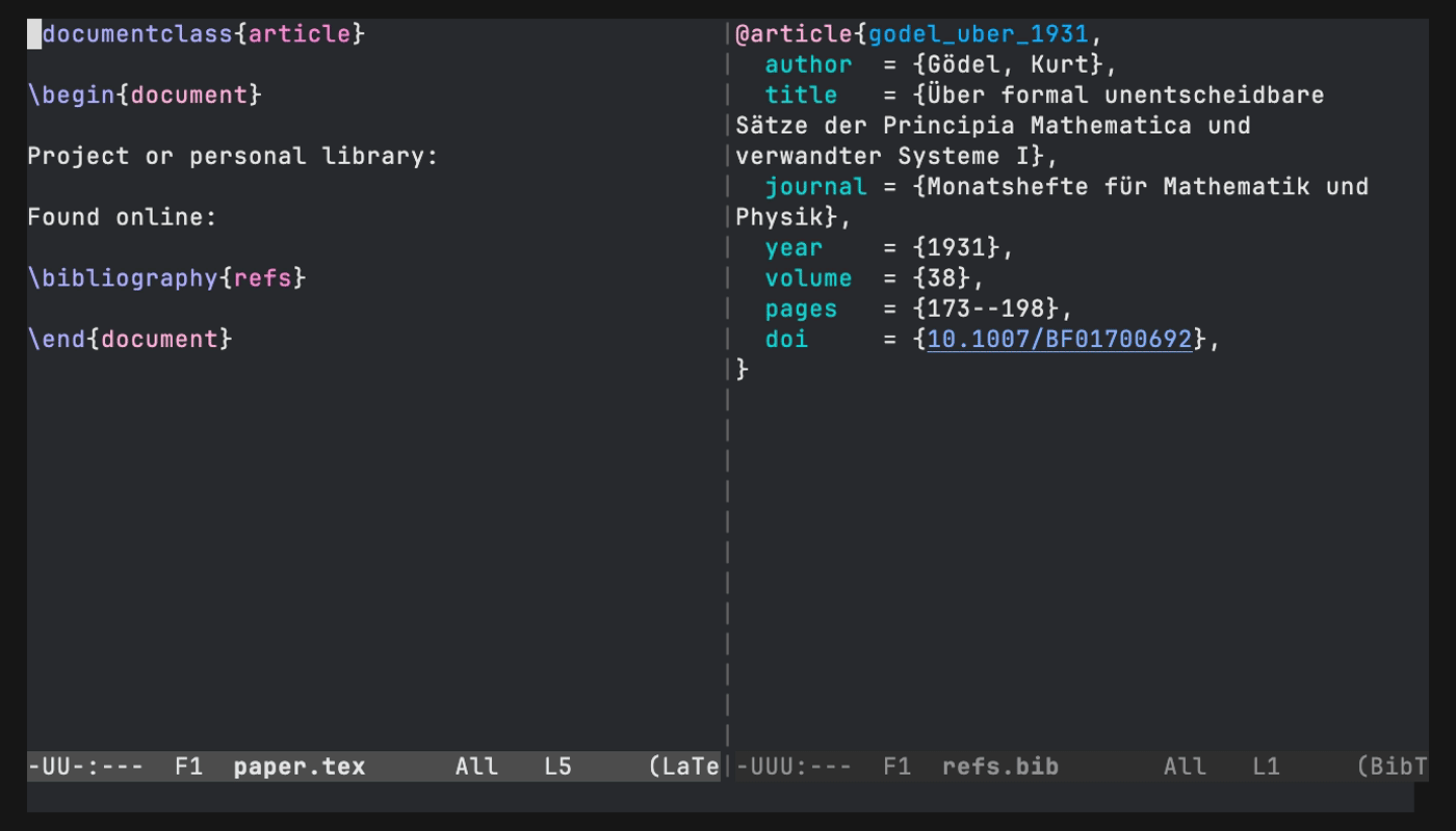 citekeep searches the project, the personal library and zbMATH, then writes the selected record into the project bibliography