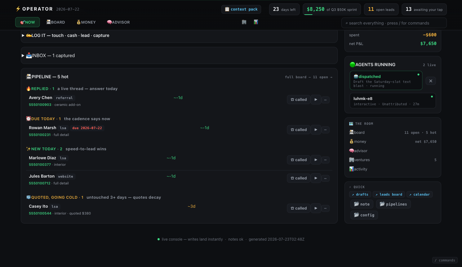 opsroom — the pipeline's hot lanes on NOW