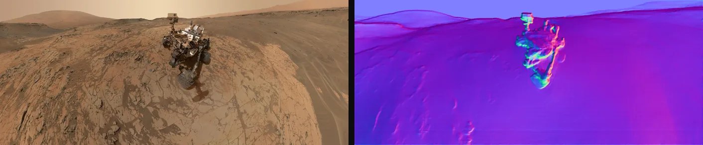 A Mars photograph next to the normal map depth2normal produced from it