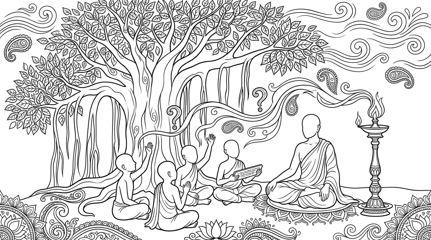 A teacher under a banyan tree, with students raising their hands and question marks rising to an oil lamp
