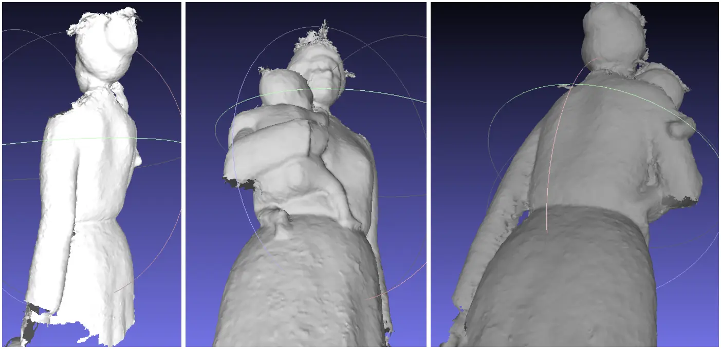 The reconstructed 3D mesh of the statue, seen from three different angles