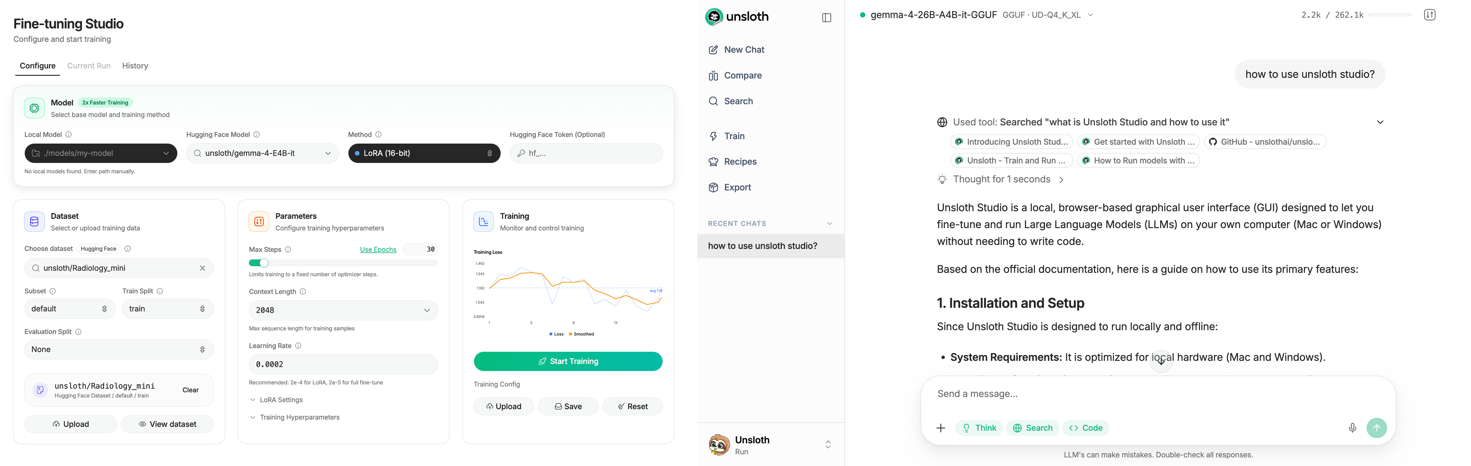 unsloth studio ui homepage