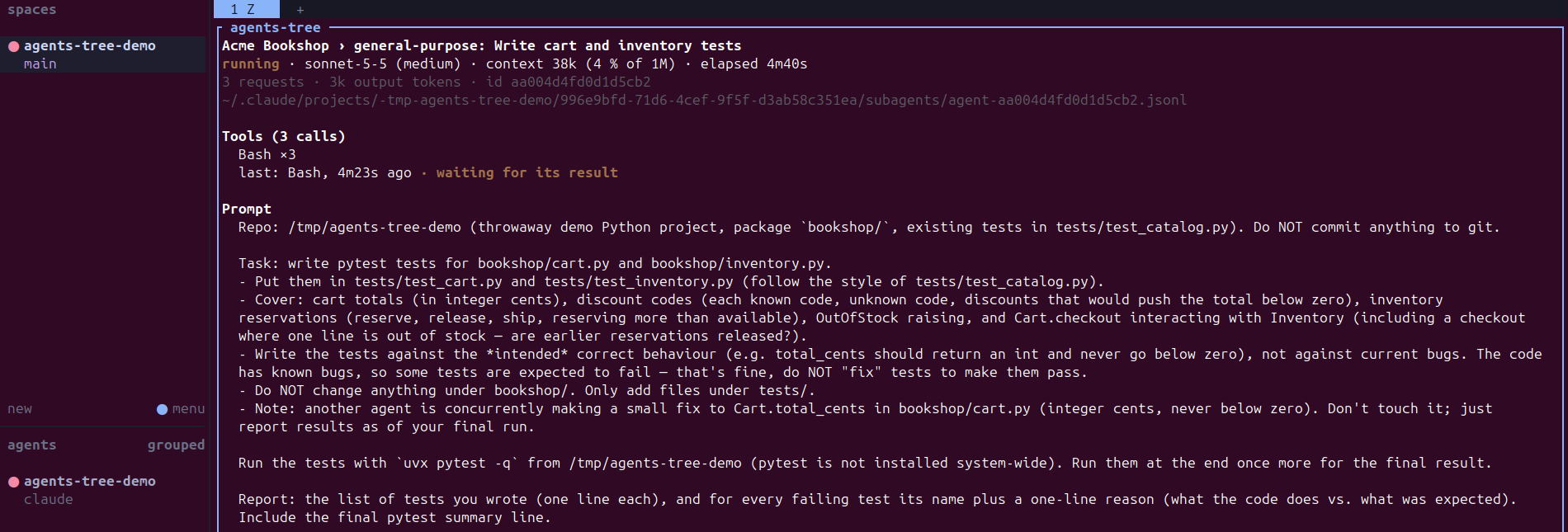 Detail of a running subagent: its prompt, tool calls and the command it waits on