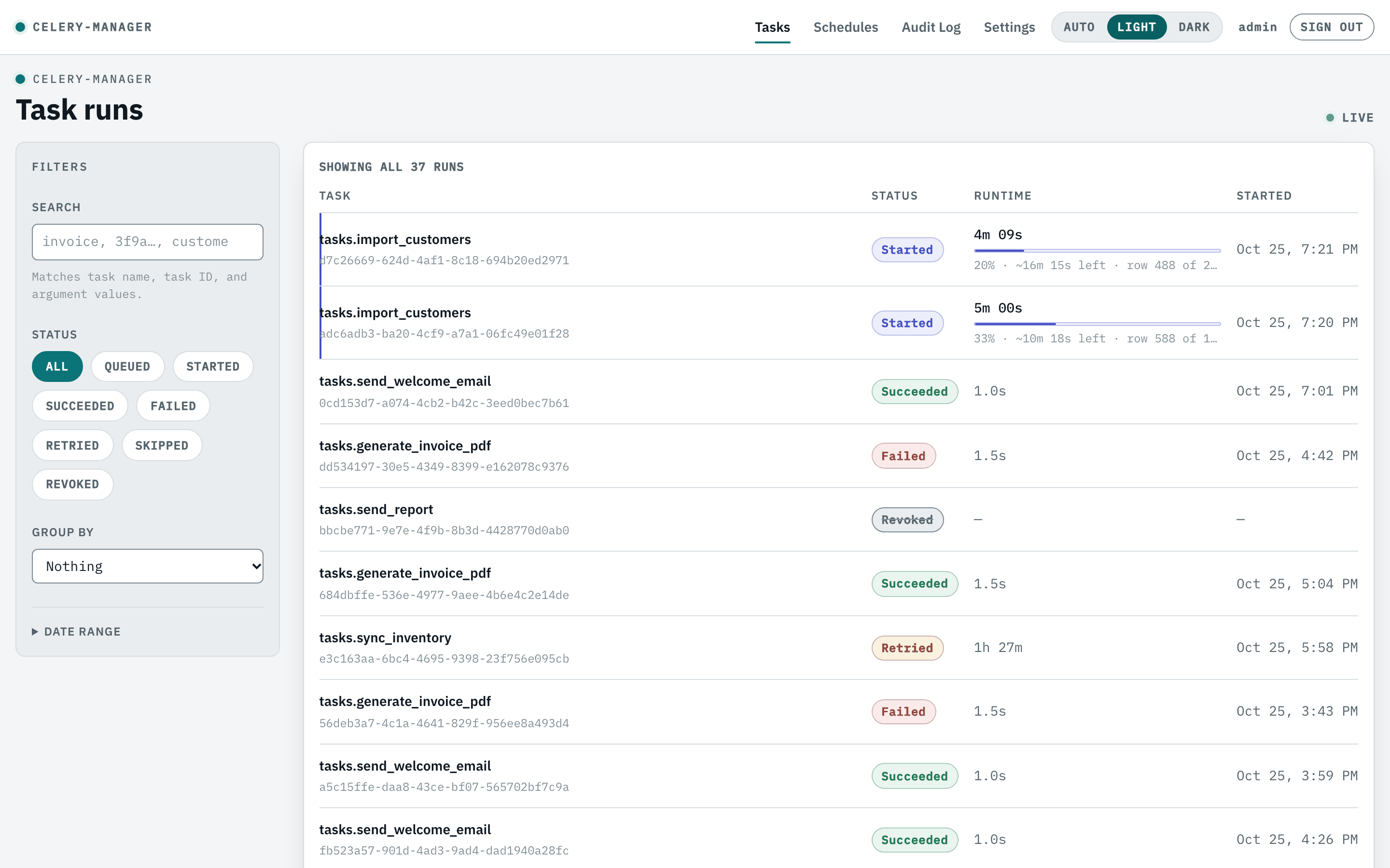 The celery-manager task list with filters, status badges, runtimes and start times