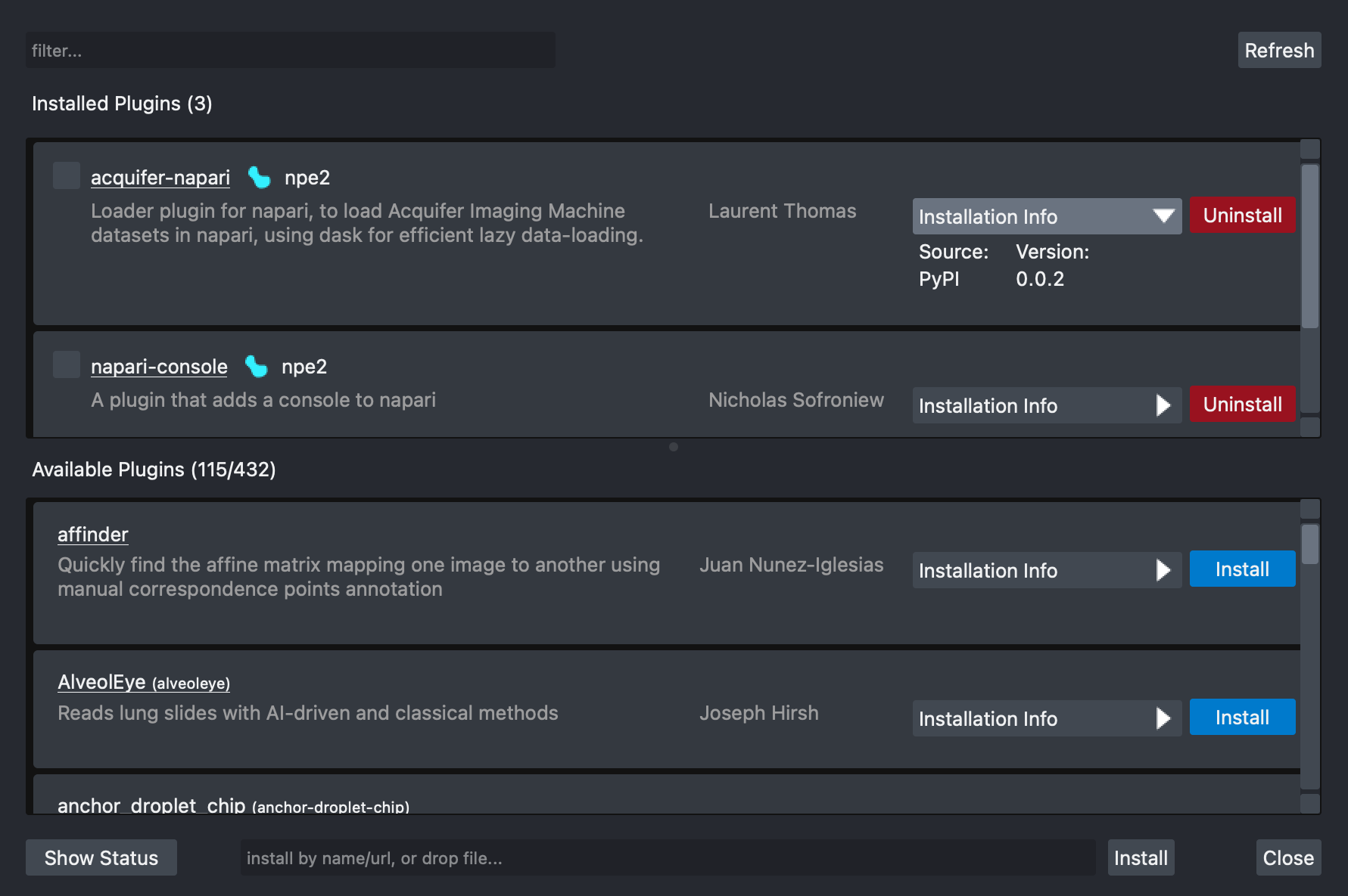 Screenshot of the napari-plugin-manager interface, showcasing the plugin descriptions