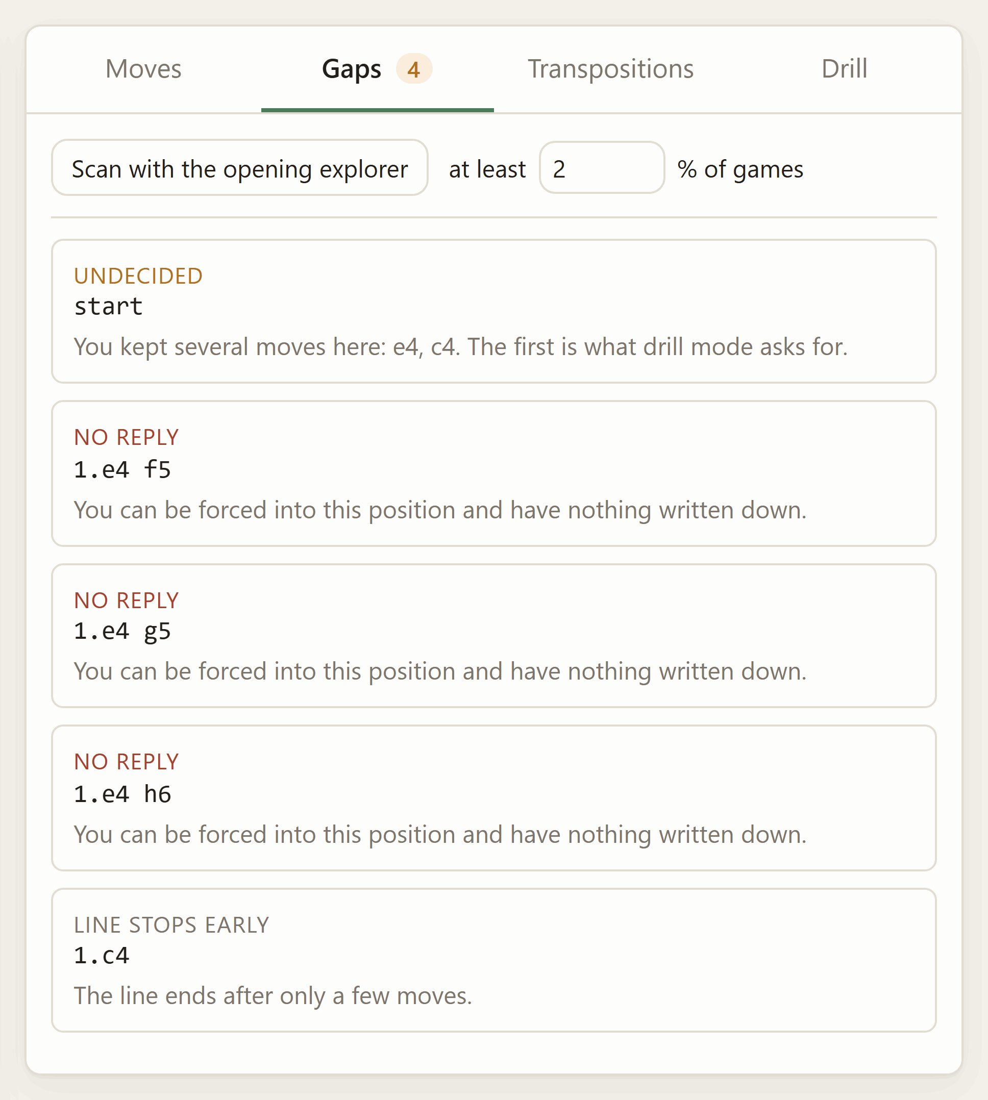 The Gaps tab listing an undecided move, three positions with no reply, and a line that stops early
