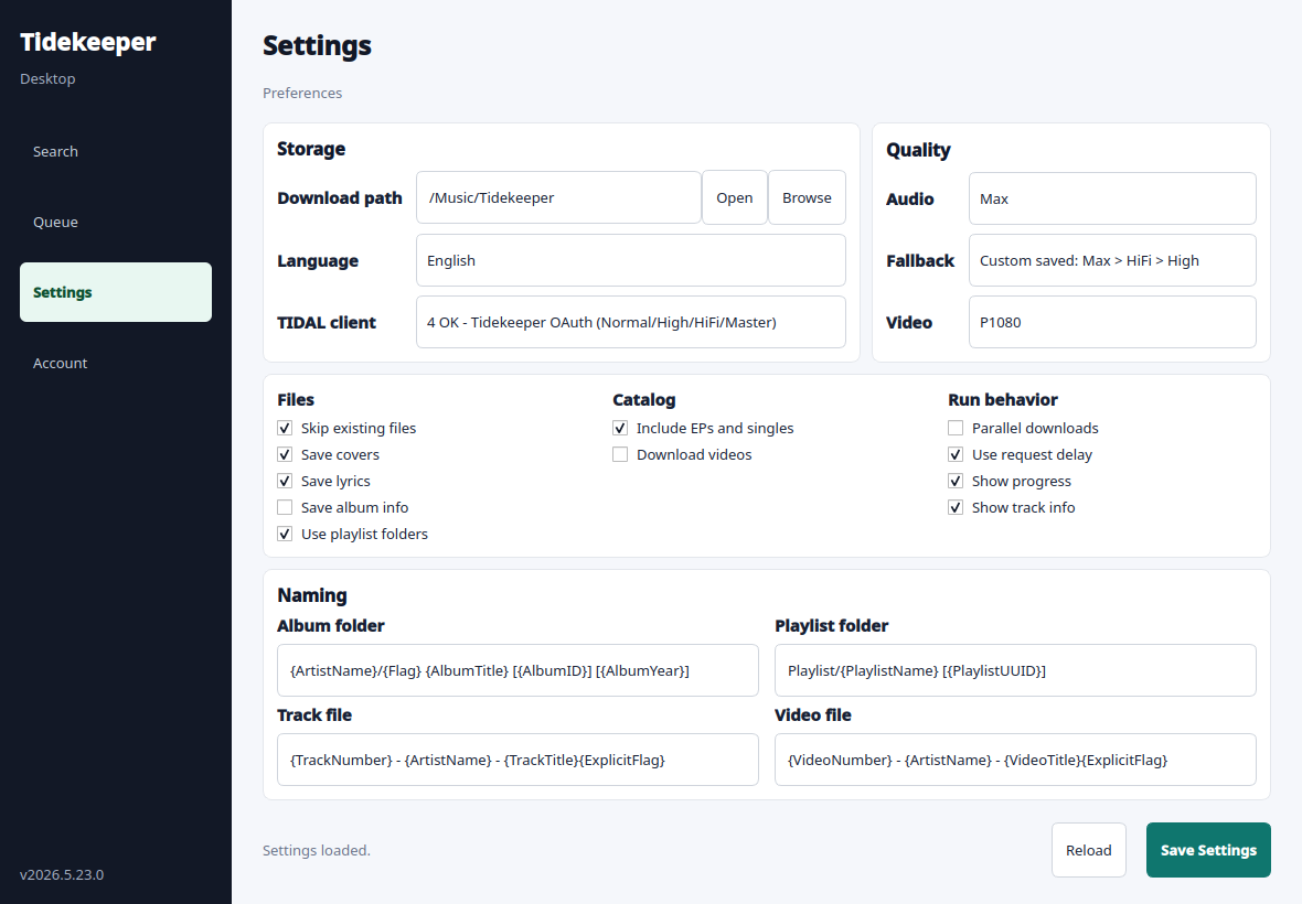 Settings screen