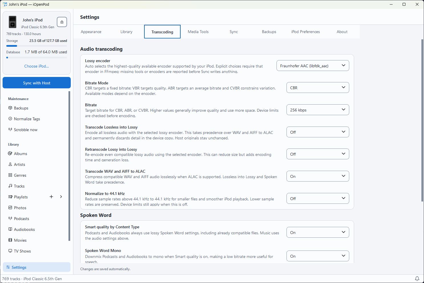 Audio transcoding settings for encoder, bitrate, lossless conversion, and spoken-word media