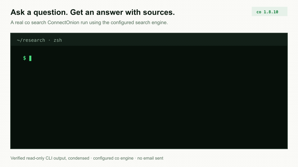 co search ConnectOnion printing an answer with its GitHub and website sources