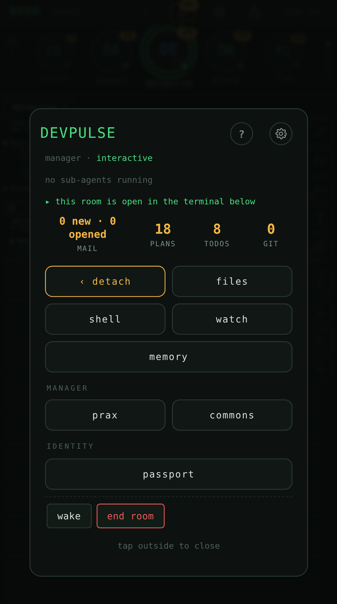 An agent's card in BAUD: what it is doing, its mail, plans and todos