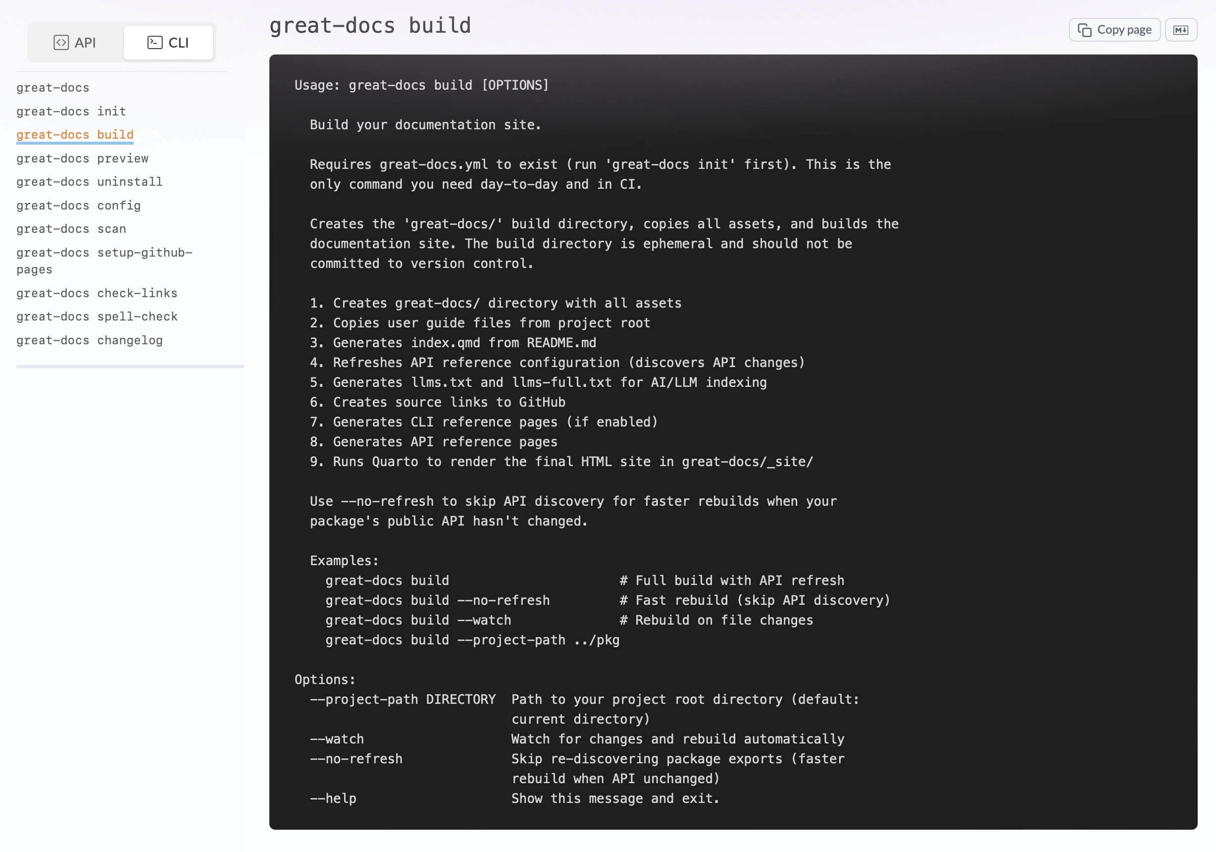 CLI reference page with terminal-style help output