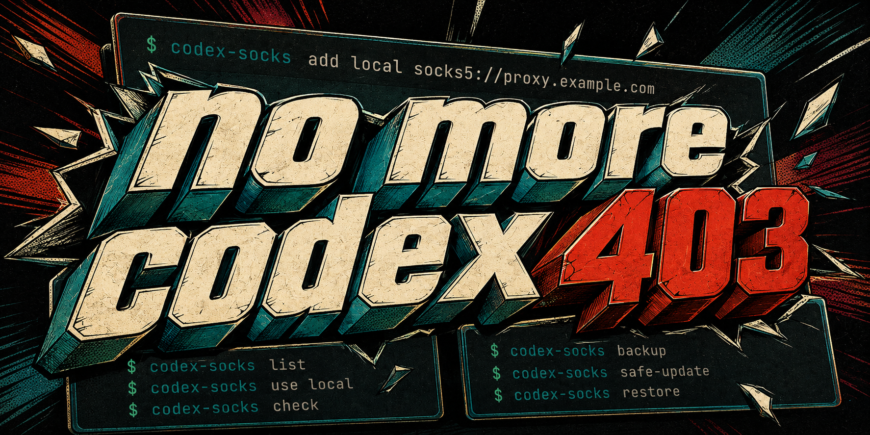 Bold three-dimensional comic lettering reading no more codex 403 bursts through terminal panels showing codex-socks commands