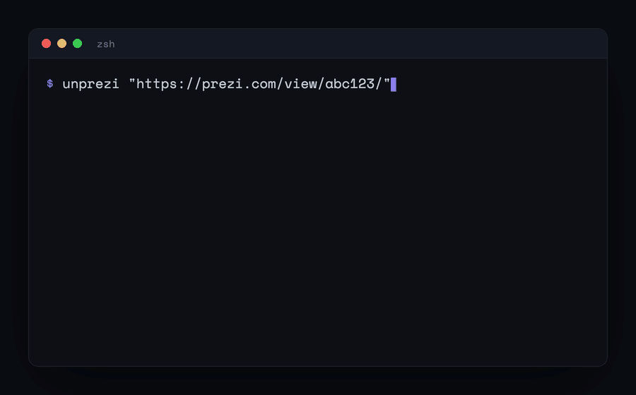 unprezi running in a terminal, exporting a prezi to a 16-page PDF
