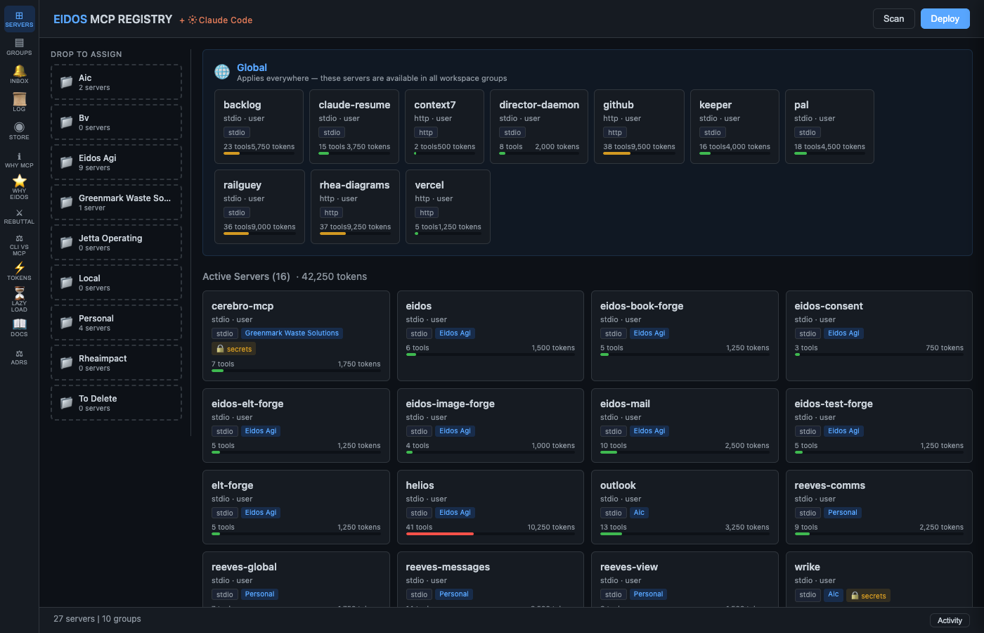 Servers — drag-and-drop scoping with token bars and group zones