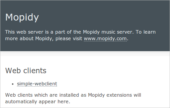 Mopidy webserver start screen.