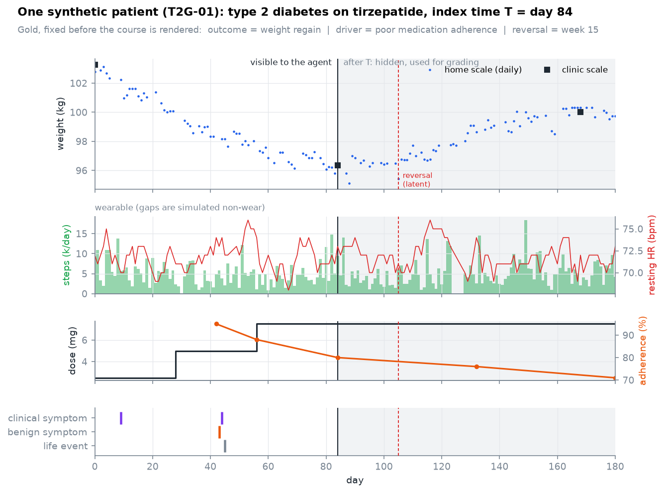 One synthetic patient with type 2 diabetes on tirzepatide: daily home weight and clinic weight, steps and resting heart rate, dose and adherence, and reported events; the record after index time T is shaded as hidden